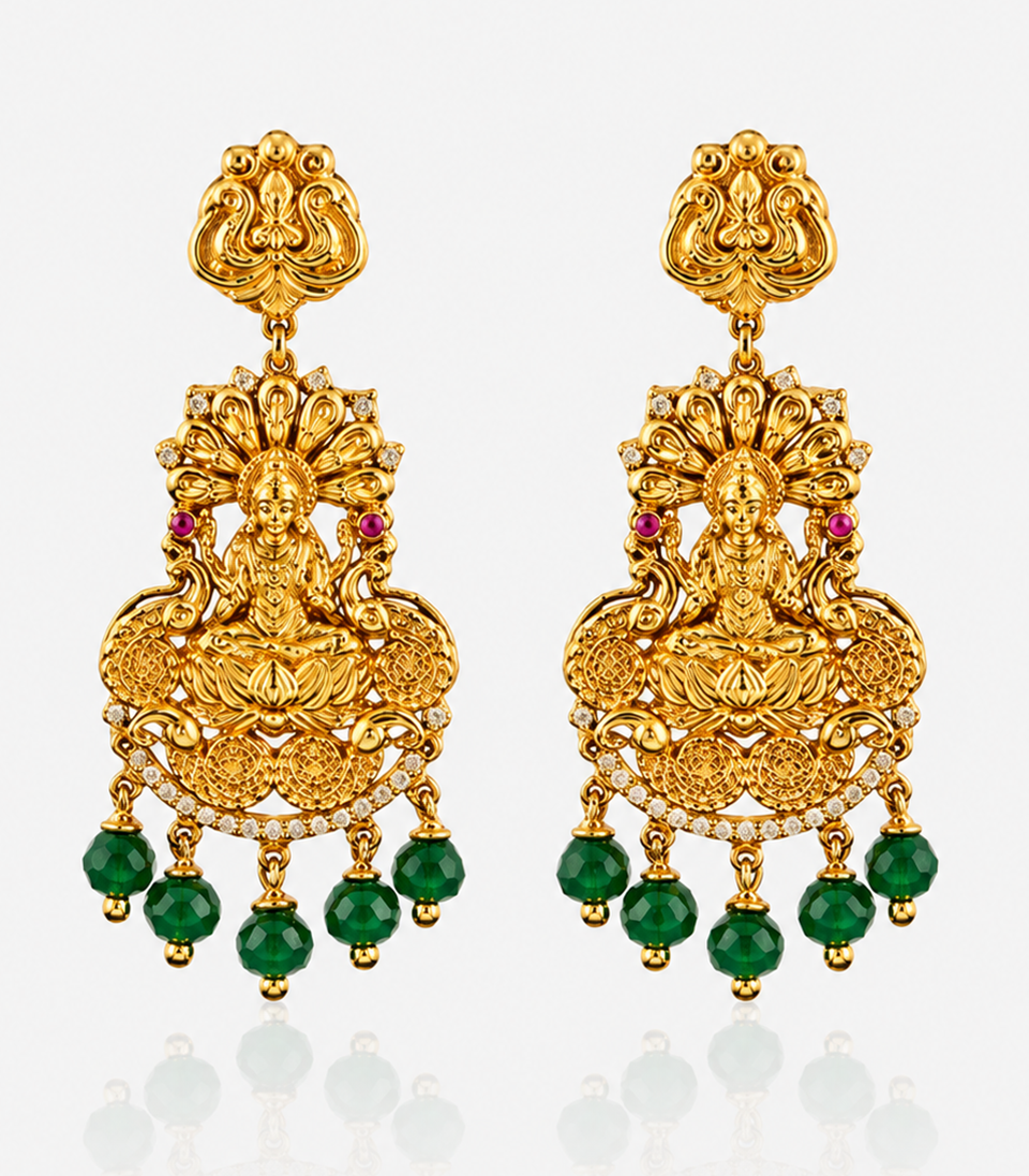 Gold Earrings With Green Gemstones And Lakshmi Design