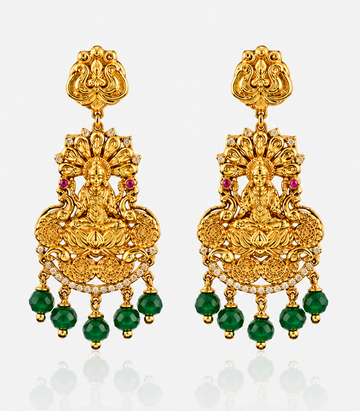 Gold Earrings With Green Gemstones And Lakshmi Design