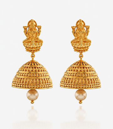 Gold Jhumka Earrings With Lakshmi And Pearl Design