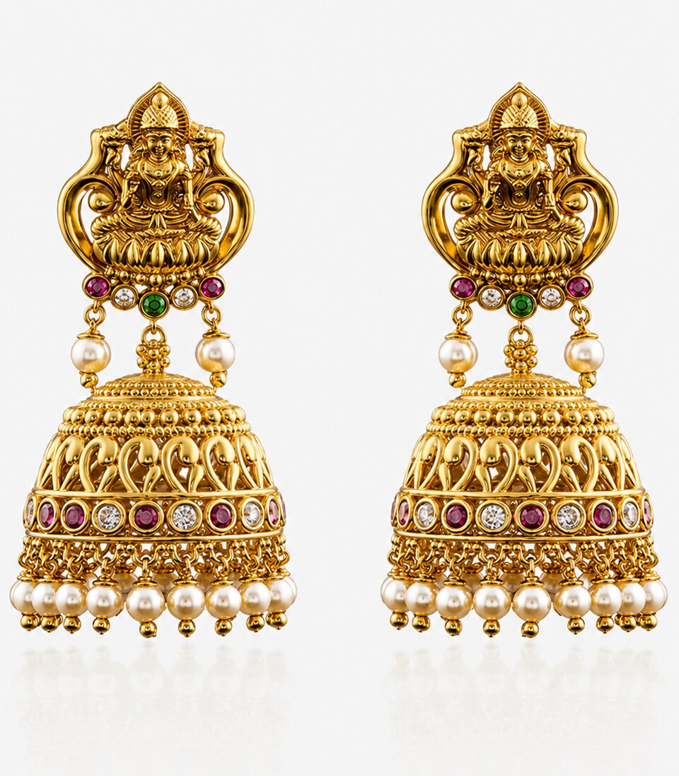 Gold Earrings With Intricate Designs And Pearl-Like Beads