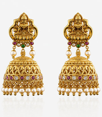 Gold Earrings With Intricate Designs And Pearl-Like Beads