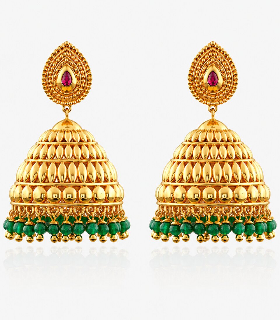 Gold Jhumkas With Green Pearls