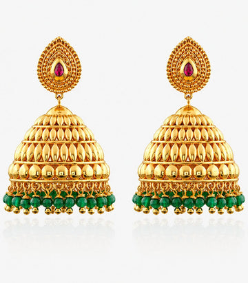 Gold Jhumkas With Green Pearls