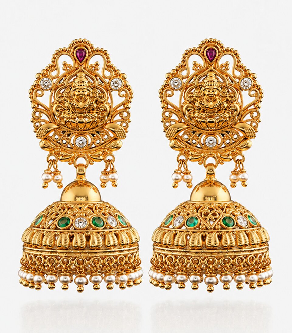 Gold Earrings With Intricate Lakshmi Designs