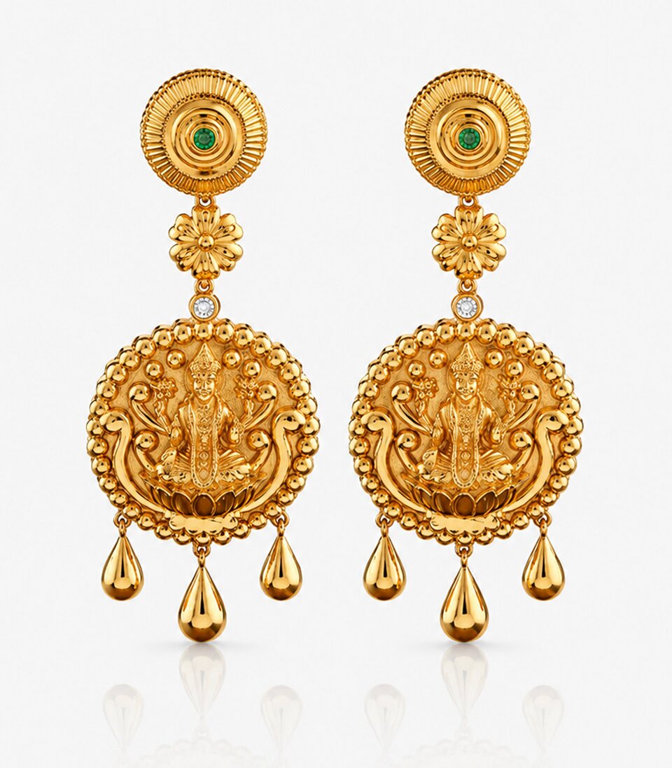 Gold Earrings With Intricate Lakshmi Designs And Golden Beats
