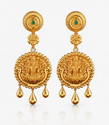 Gold Earrings With Intricate Lakshmi Designs And Golden Beats