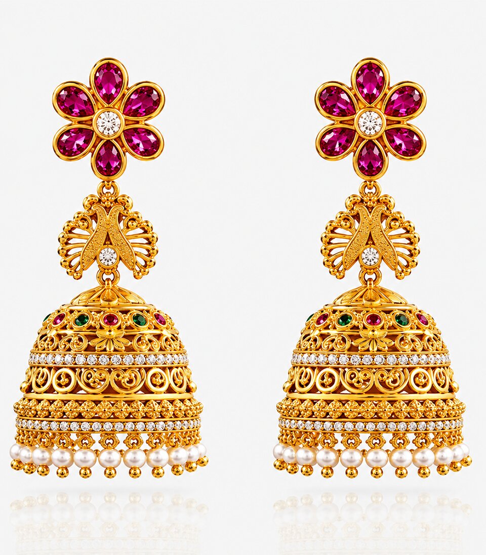 Gold Jhumka Earrings With Pink  Floral  & White Beats