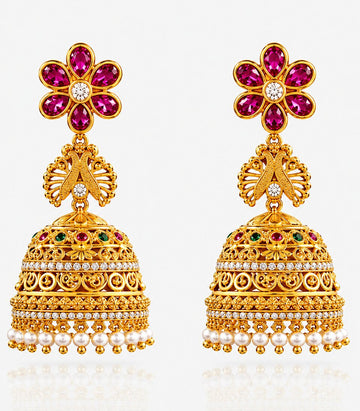 Gold Jhumka Earrings With Pink  Floral  & White Beats