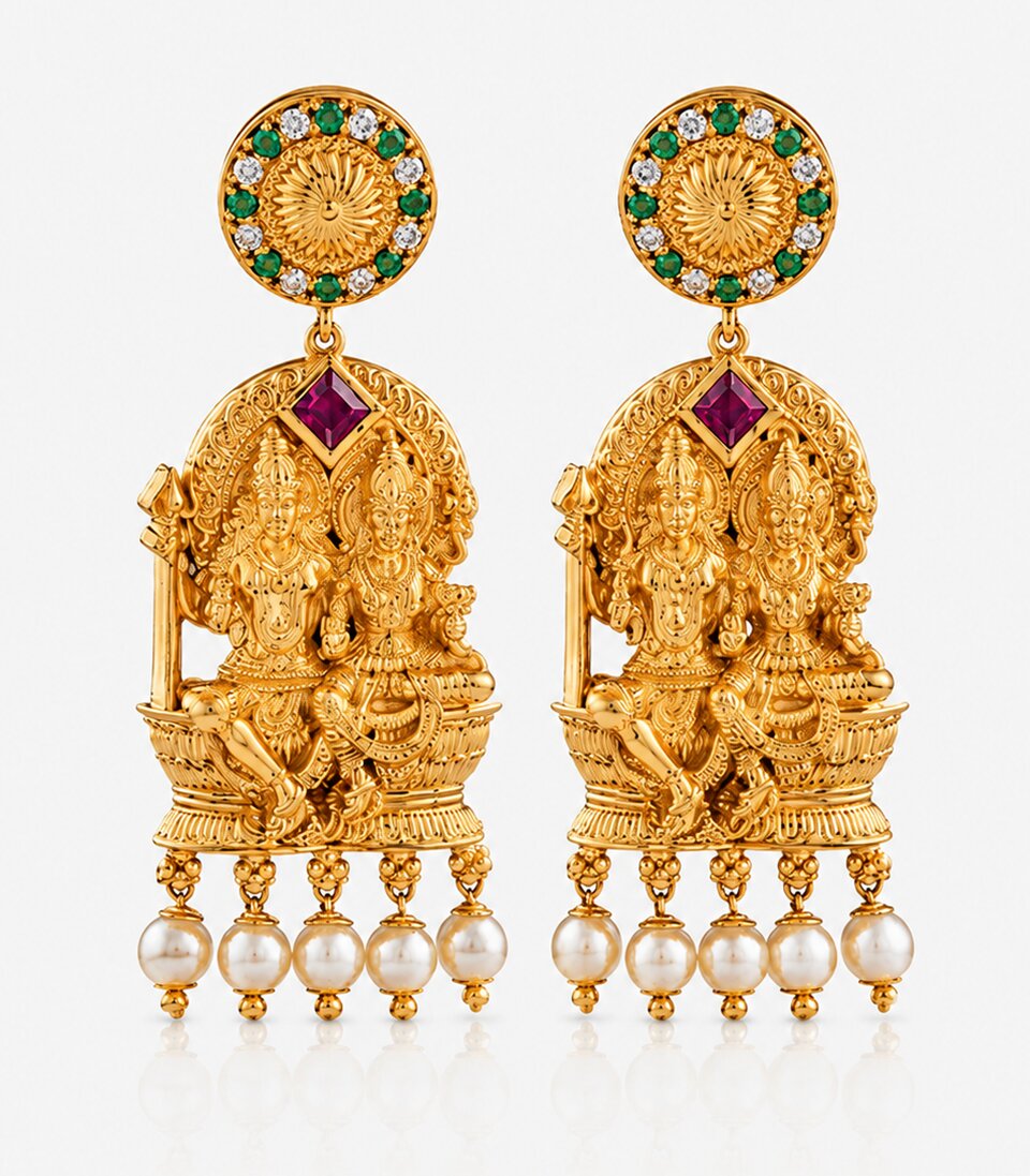 Gold Earrings With Intricate God Designs and Pearls