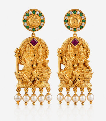 Gold Earrings With Intricate God Designs and Pearls