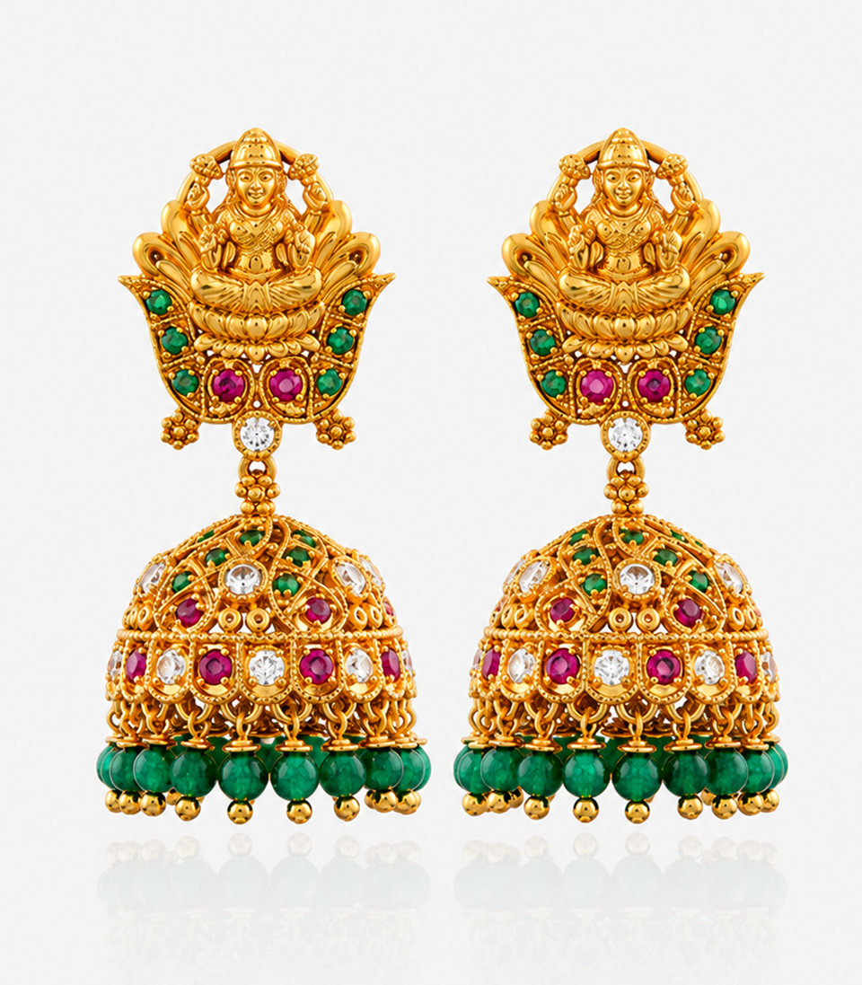 Divine Lakshmi Motif Gold Earrings with Green and Red Stones