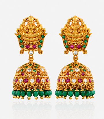 Divine Lakshmi Motif Gold Earrings with Green and Red Stones