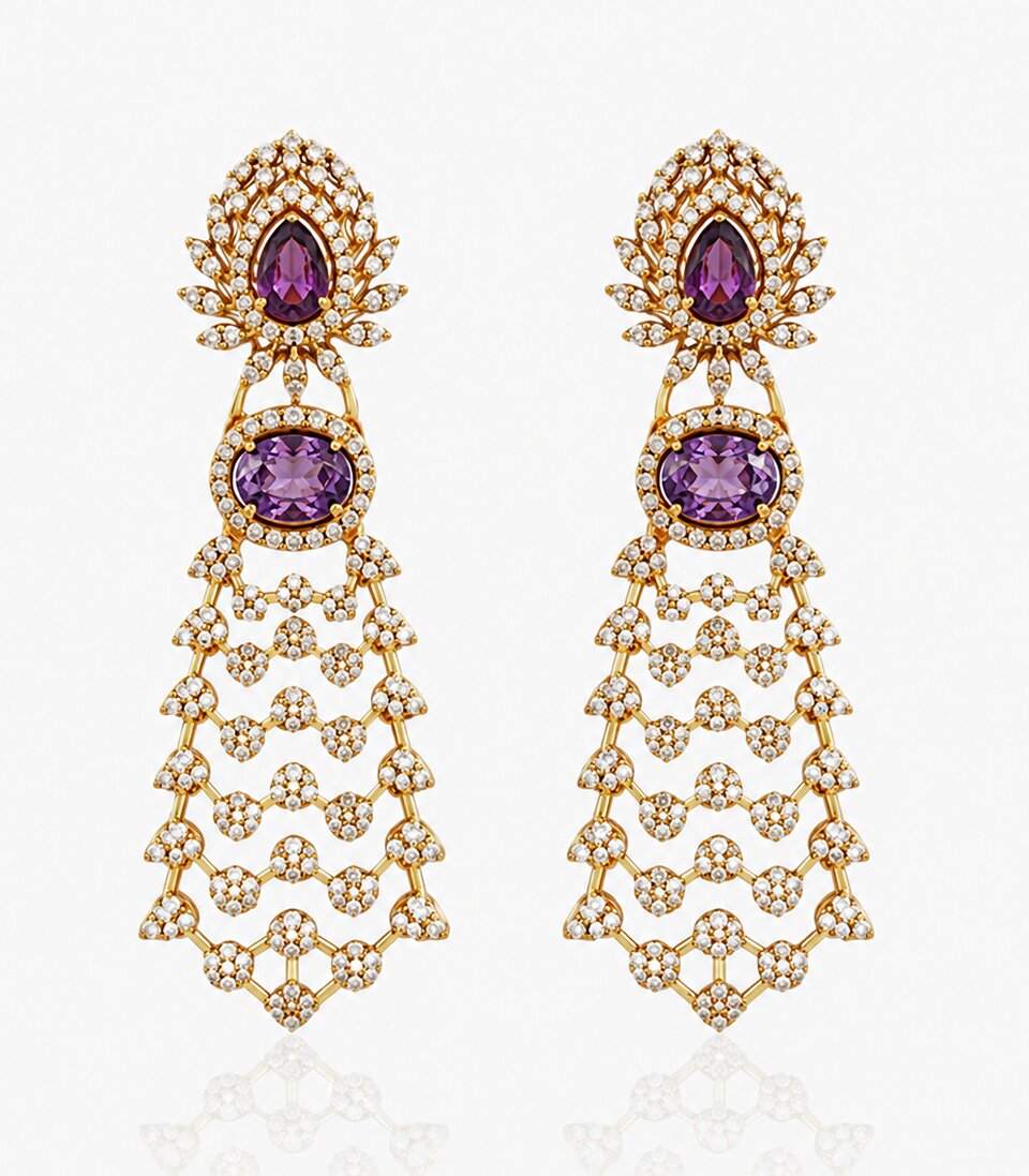 Pair Of Gold Earrings With Purple Gemstones