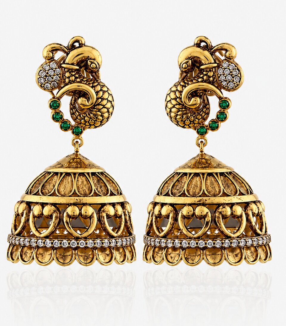 Gold Earrings With Intricate Peacock  Design