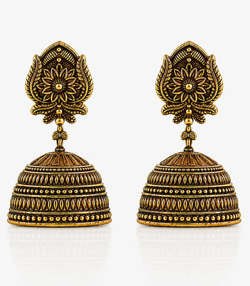 Pair Of Gold And Silver Jhumka Earrings With Leaf Design
