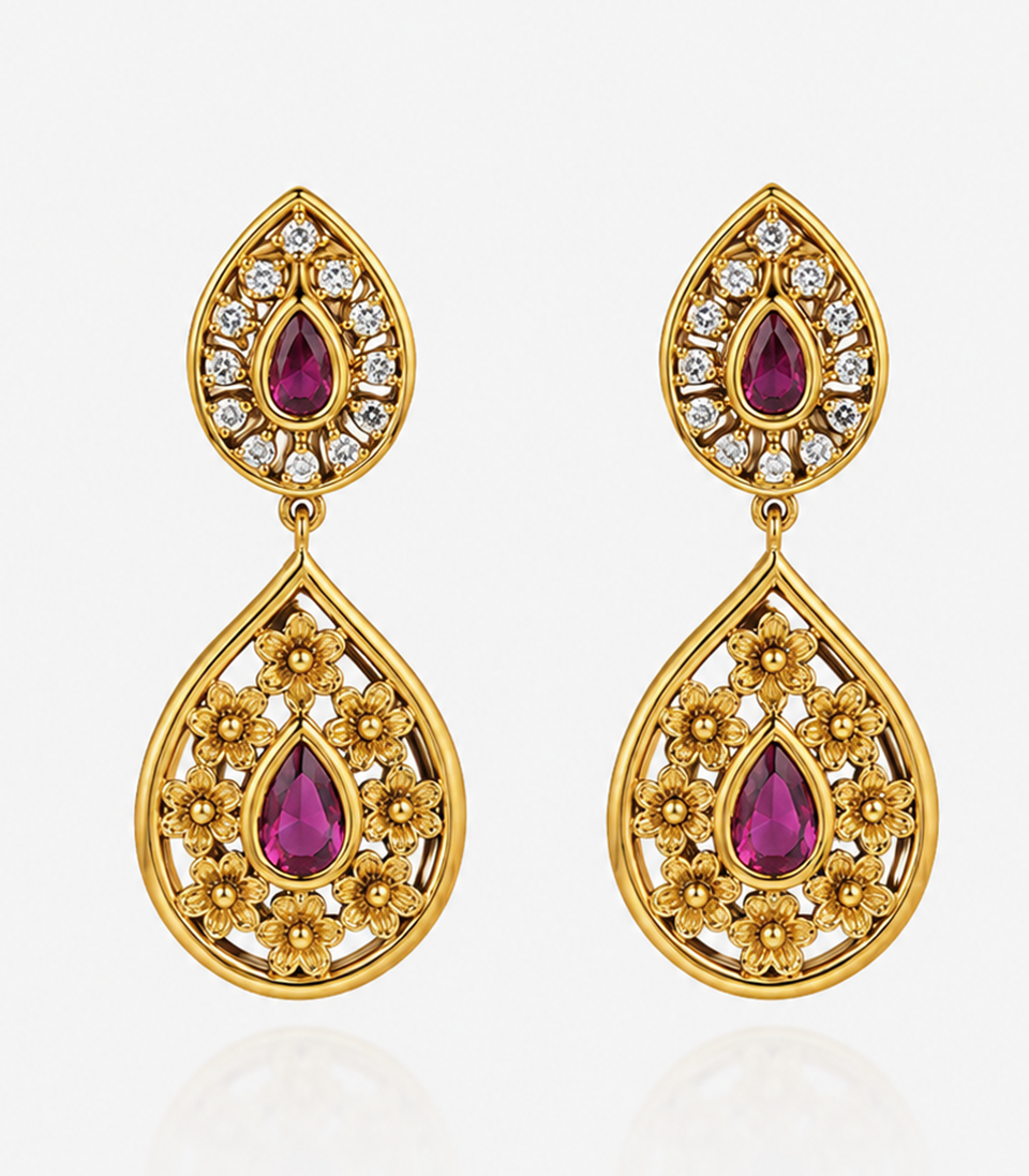 Gold And Purple Teardrop Earrings