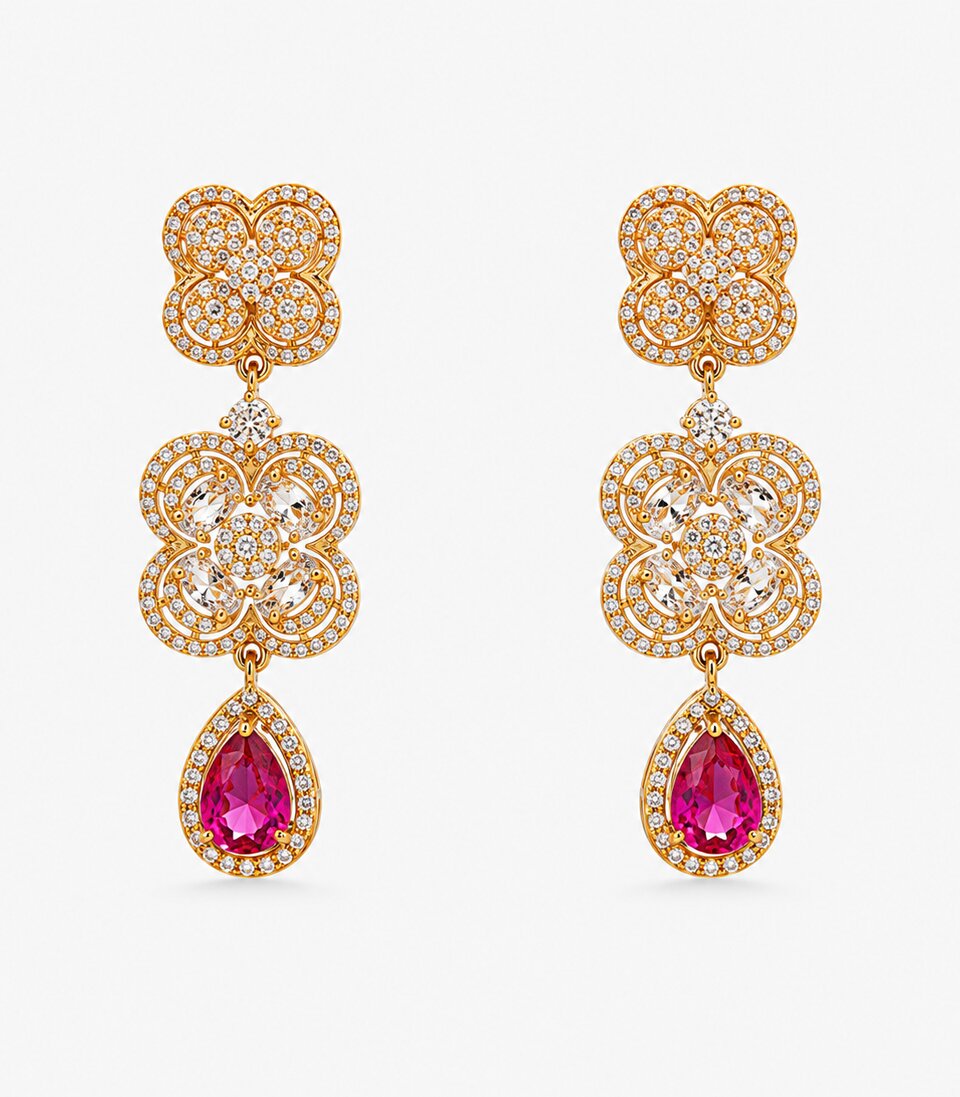 Diamond & Ruby Floral Drop Earrings