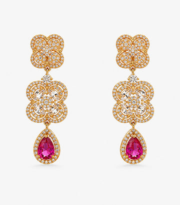 Diamond & Ruby Floral Drop Earrings