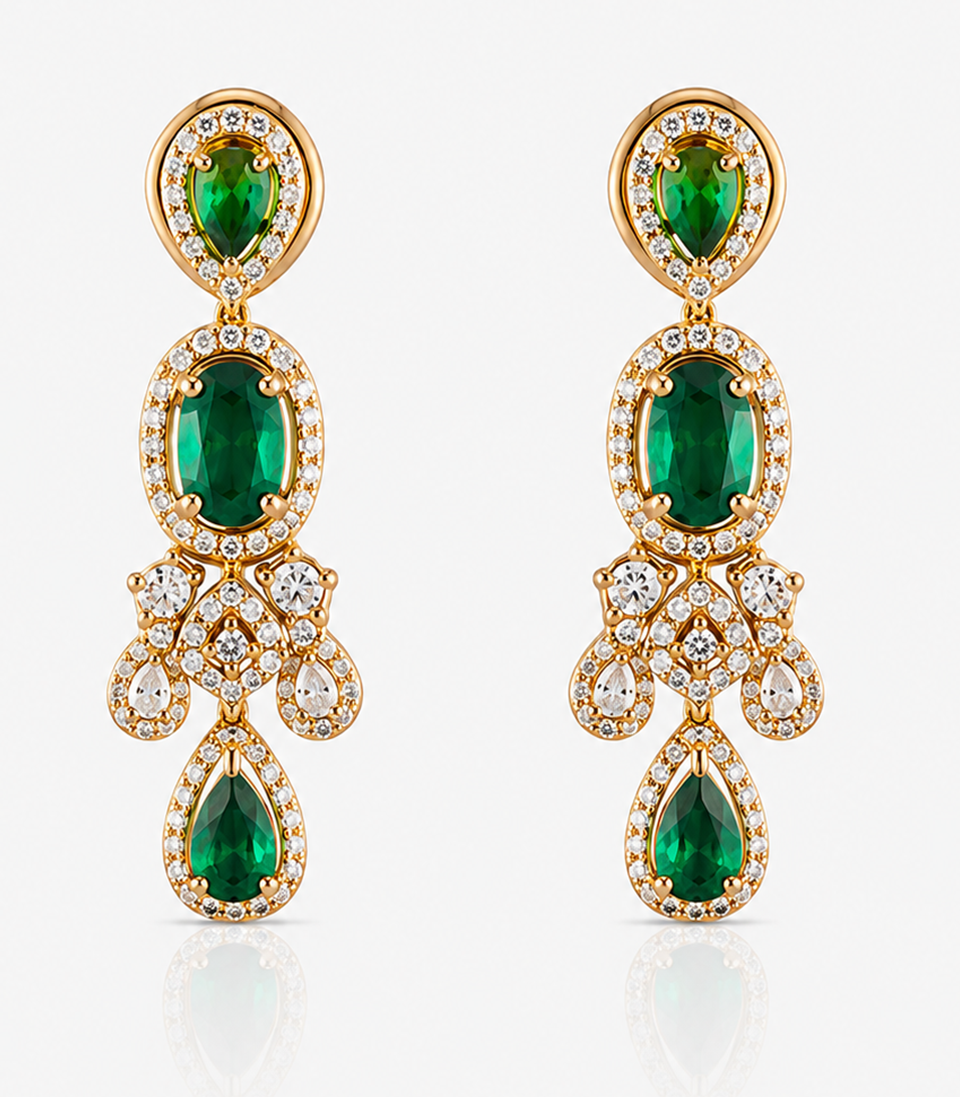 Pair Of Earrings With Green and Diamond Gemstones
