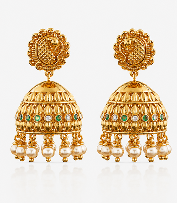Gold Jhumka Earrings With Peacock & Pearl Design