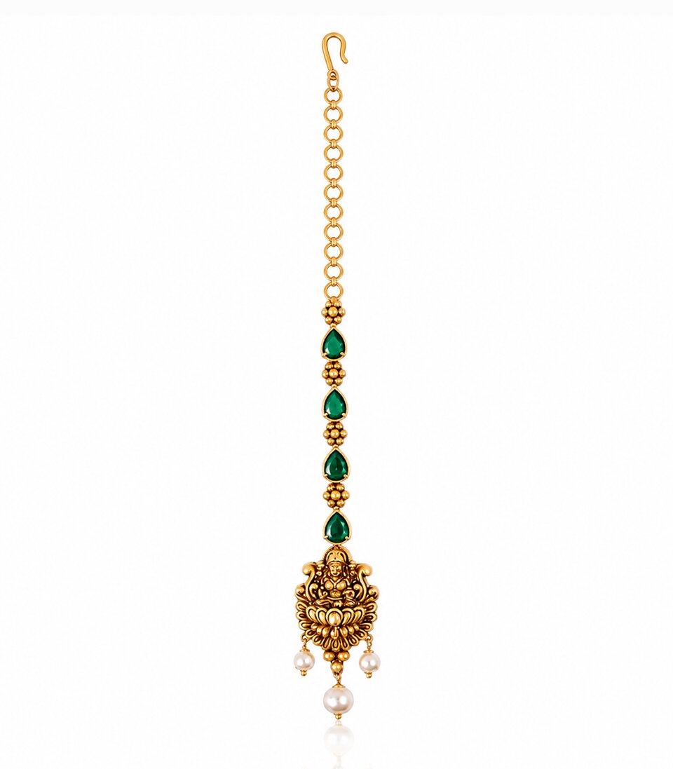 Emerald Beaded Temple Maang Tikka