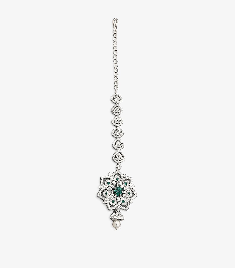 Diamond & Emerald Floral Maang Tikka
