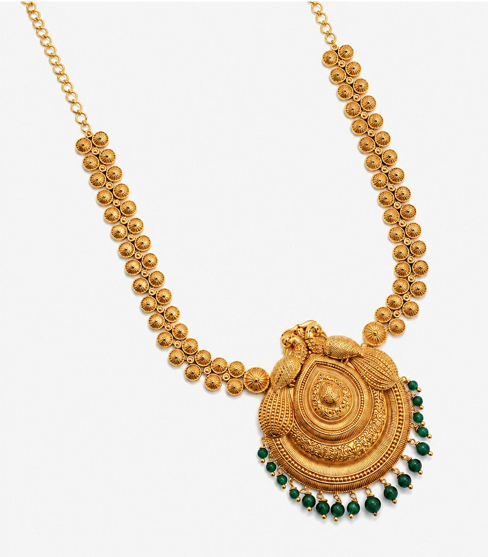 Gold Necklace With Peacock Pendant Green Pearls