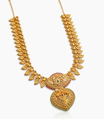 An Antique-Finish Gold Temple Necklace Featuring A Central Goddess
