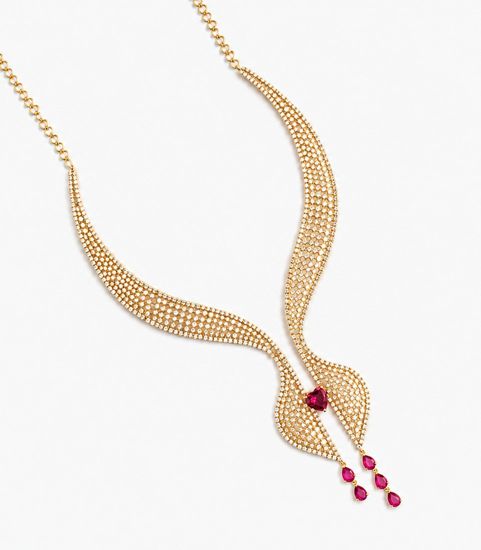 An Elegant Gold Necklace Featuring Wide, Diamond-Pave Curved Bands