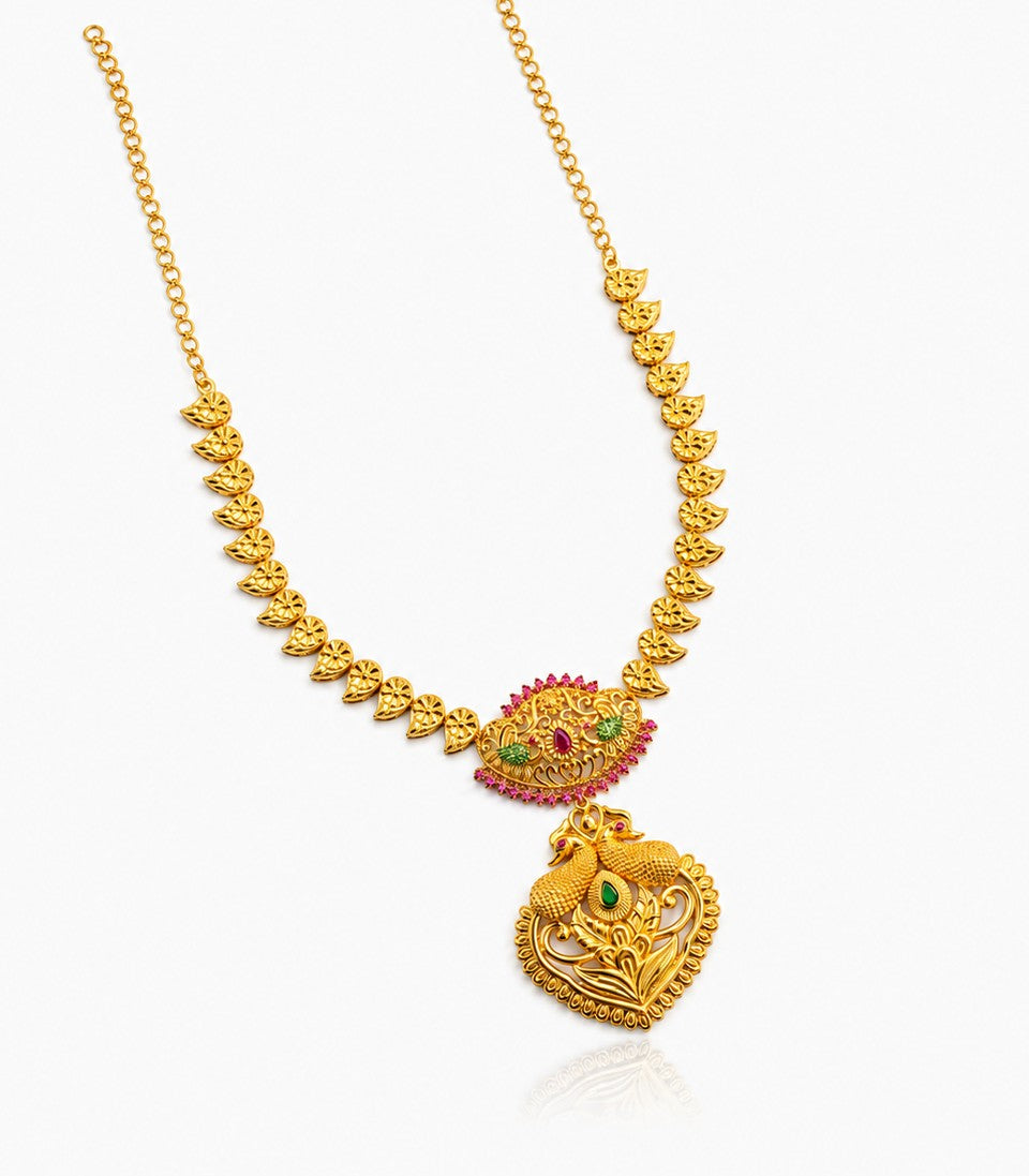 Gold Necklace With Peacock Green Pink Gem Design
