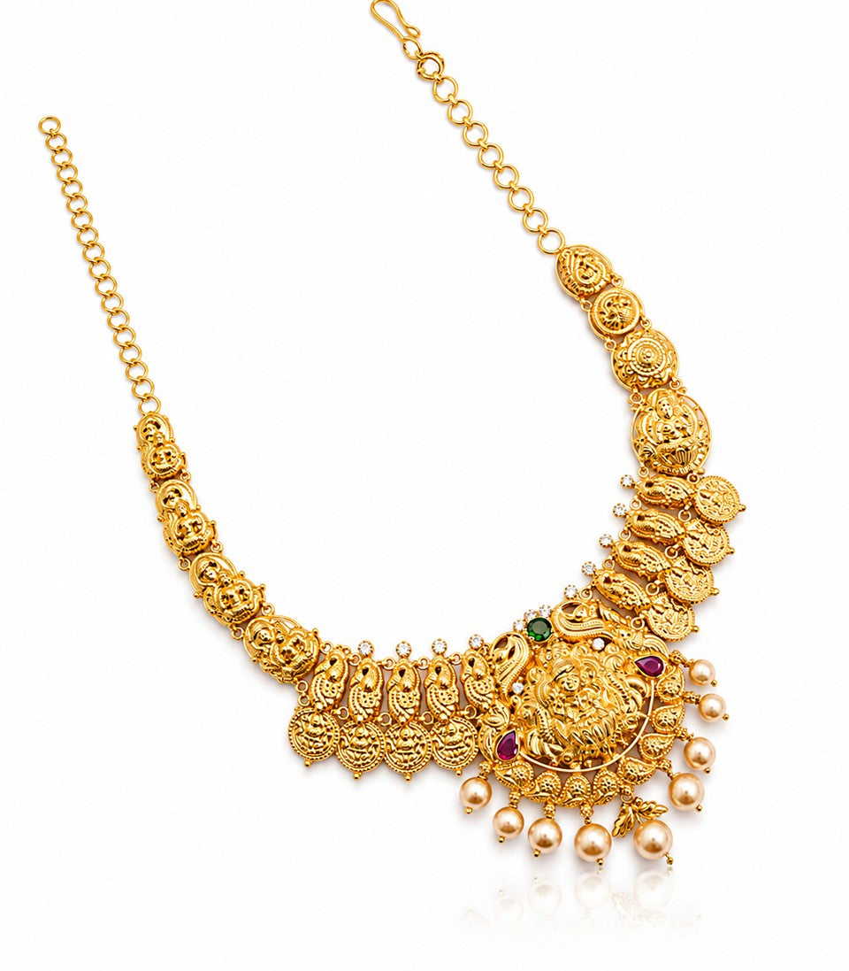 Gold Necklace With Gemstones And Golden Pearl Design