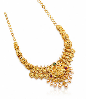 Gold Necklace With Gemstones And Golden Pearl Design