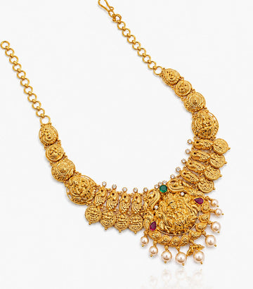 A Yellow Gold Kasu Mala Necklace Featuring A Central Goddess Lakshmi