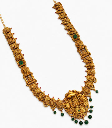 An Antique-Finish Gold Temple Haram Featuring A Large Central Pendant
