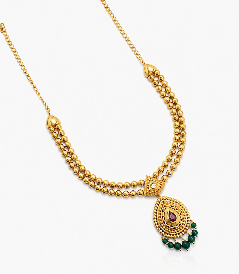 Gold Necklace With Red Gemstone Green Pearl Pendant