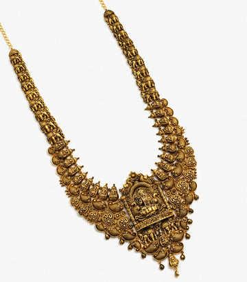 An Antique-Finish Gold Temple Haram Featuring A Central Rectangular