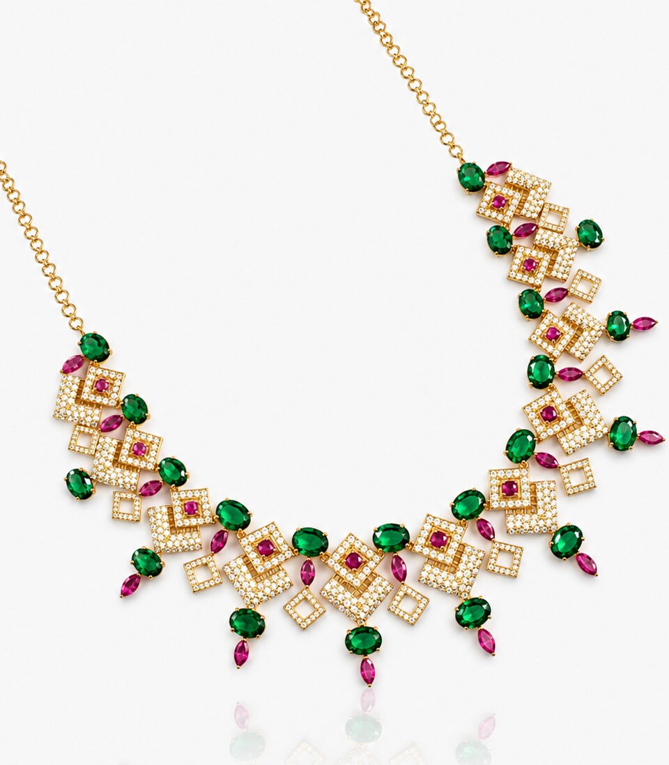 A Geometric Gold Necklace Featuring Interconnected Diamond