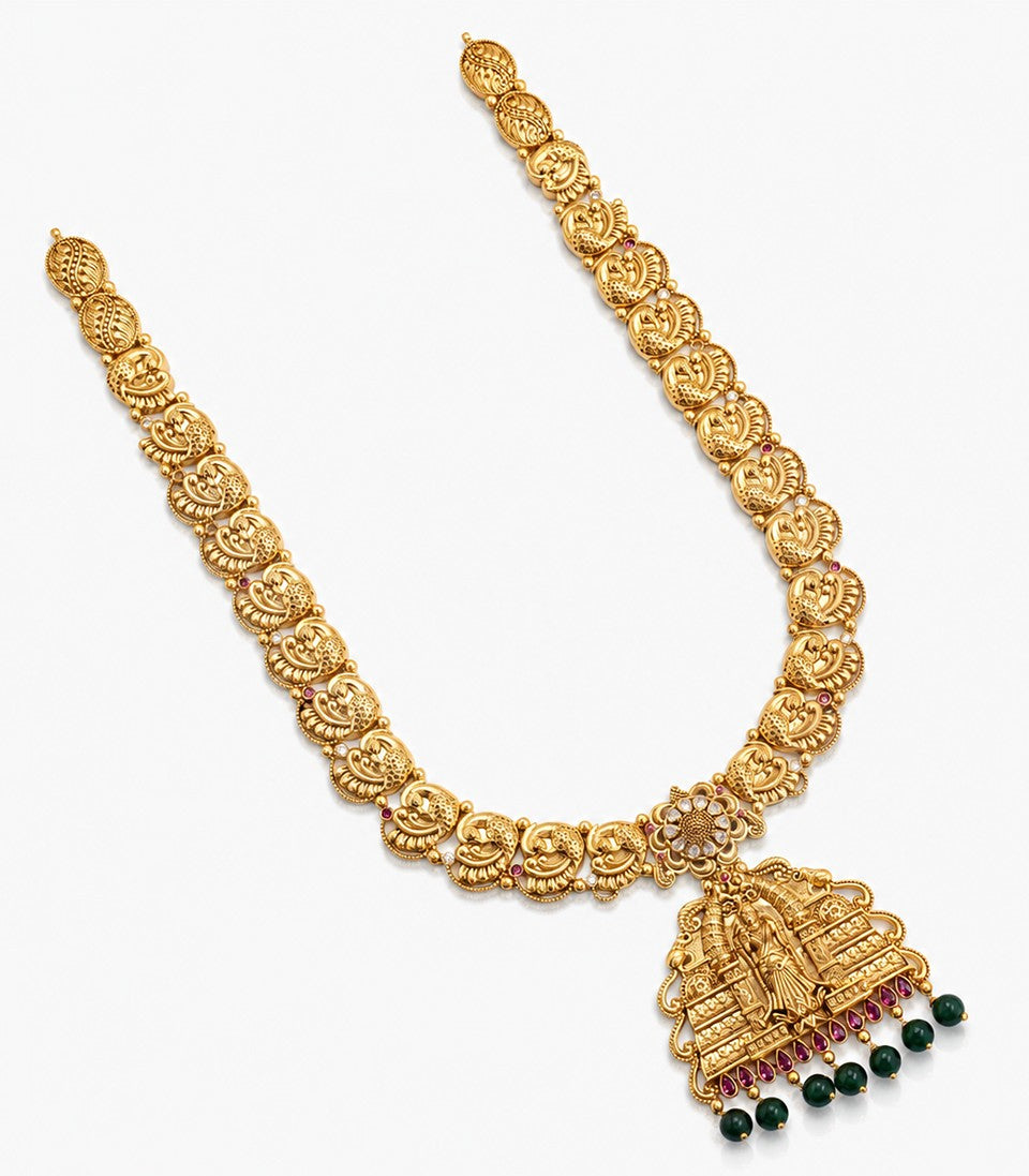 An Antique-Finish Gold Temple Haram Featuring A Large Rectangular Pendant