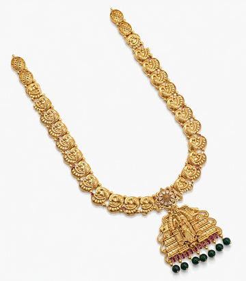 An Antique-Finish Gold Temple Haram Featuring A Large Rectangular Pendant