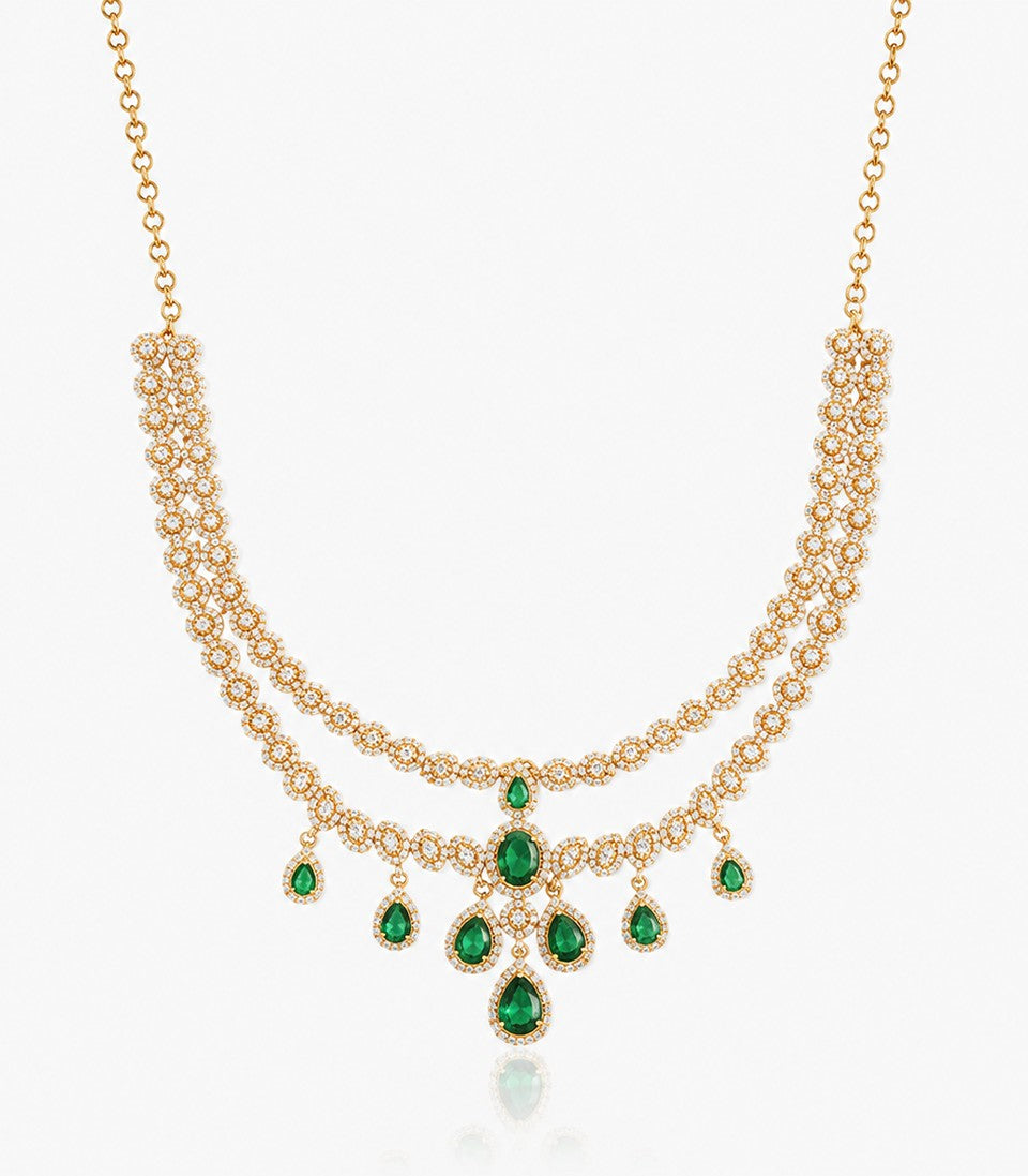 A Double-Layered Gold Necklace Featuring Two Rows Of Diamond