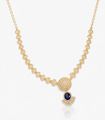 A Gold Necklace Featuring A Chain Of Diamond-Accented Fan