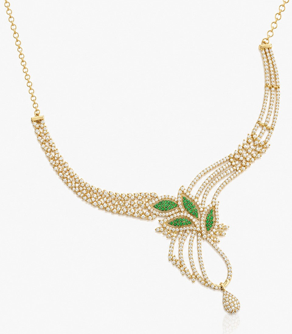 A Gold Necklace Featuring Intricate Diamond-Studded Bands