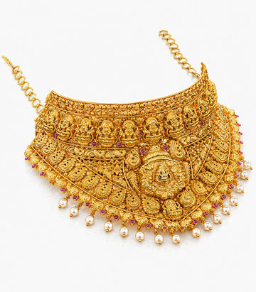 An Antique-Finish Gold Temple Haram Featuring A Large