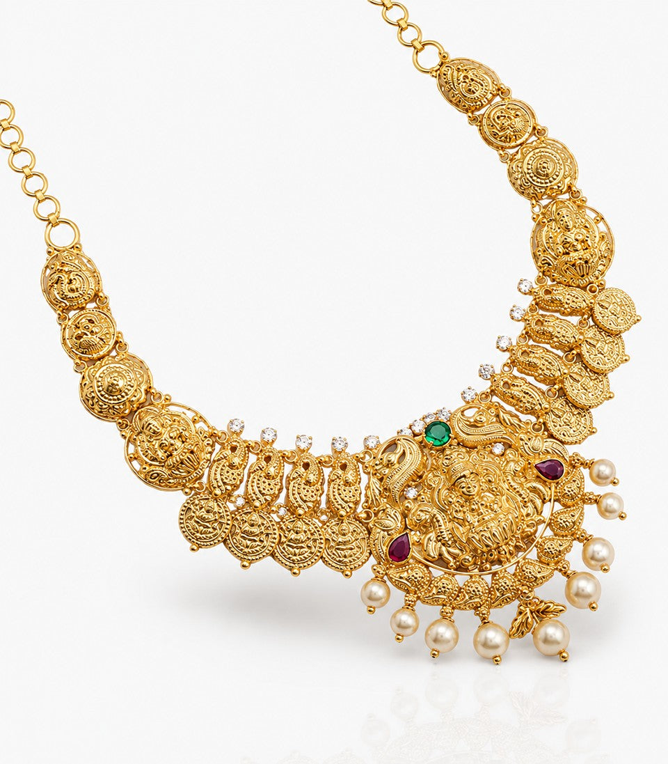 Gold Necklace With Green Pink Gemstones Pearl Accents