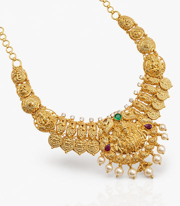 Gold Necklace With Green Pink Gemstones Pearl Accents