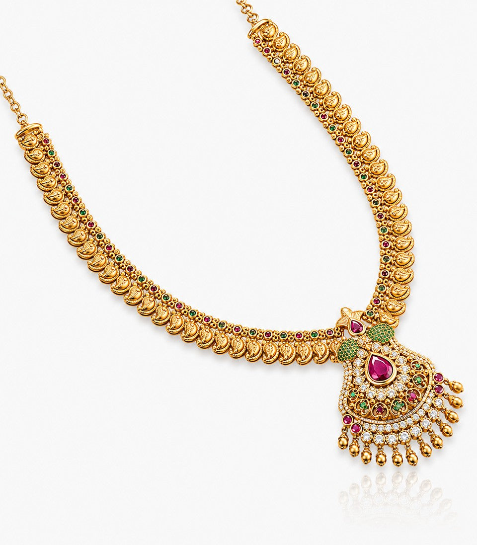 Gold Necklace With Light Green Pink Gemstones Pearl Accents