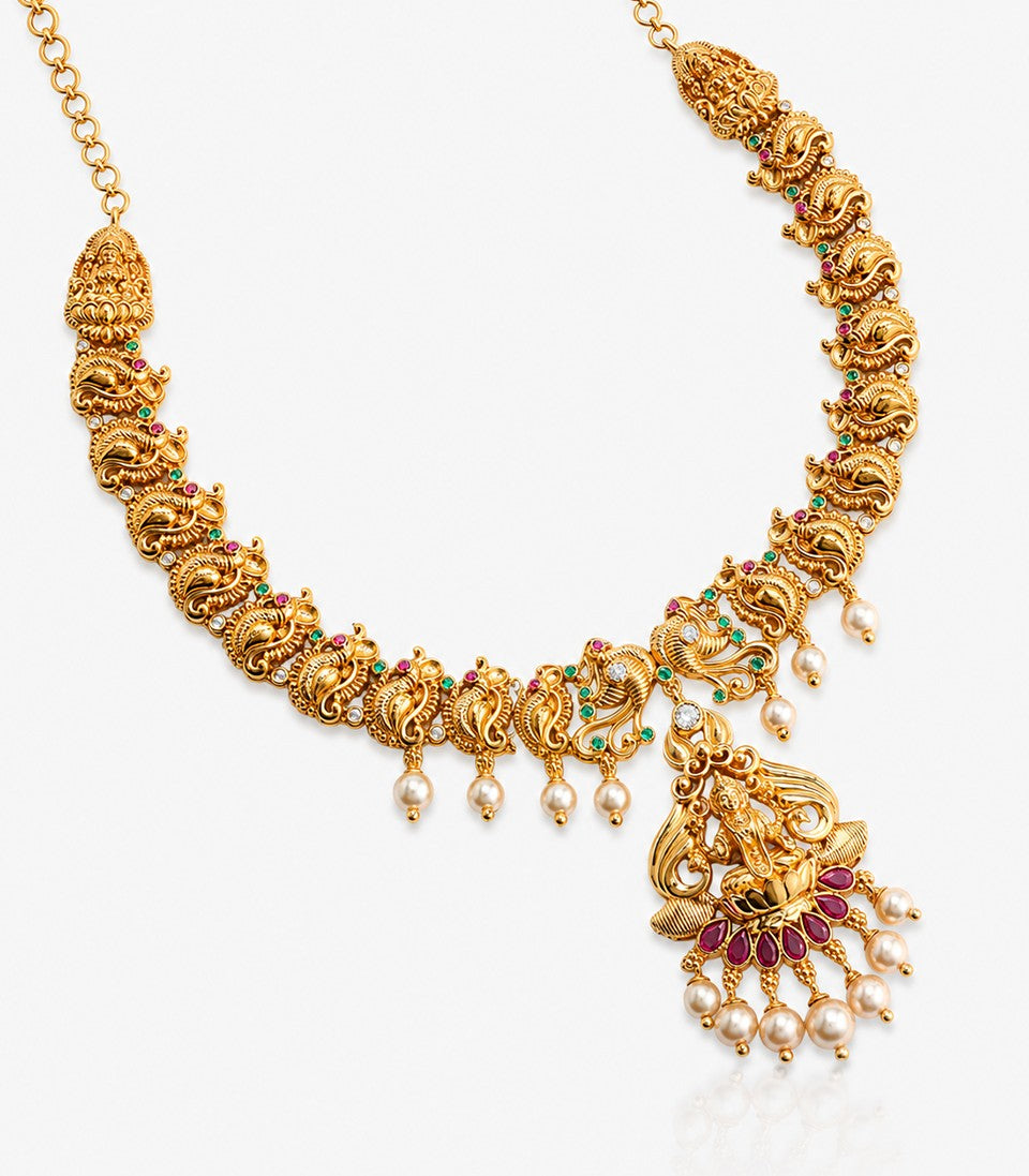 Gold Necklace With Temple Lakshmi Green Gemstone Pearl Design