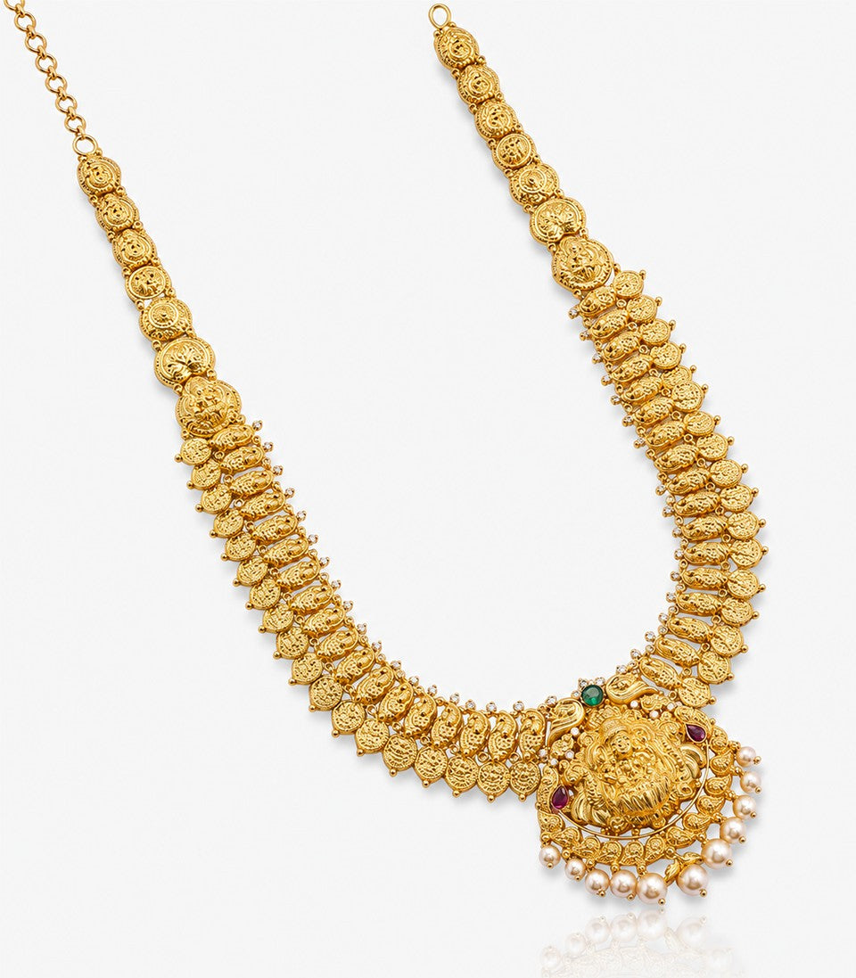 Gold Necklace With Green Pink Gemstone Design
