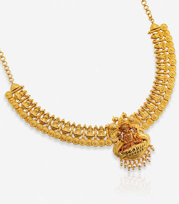 Gold Necklace With Lakshmi Intricate Design Pattern
