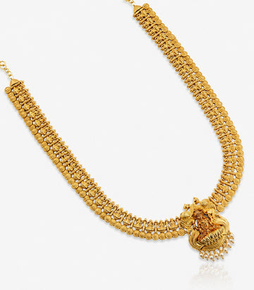 Gold Necklace With Temple Lakshmi Golden Pearl Design